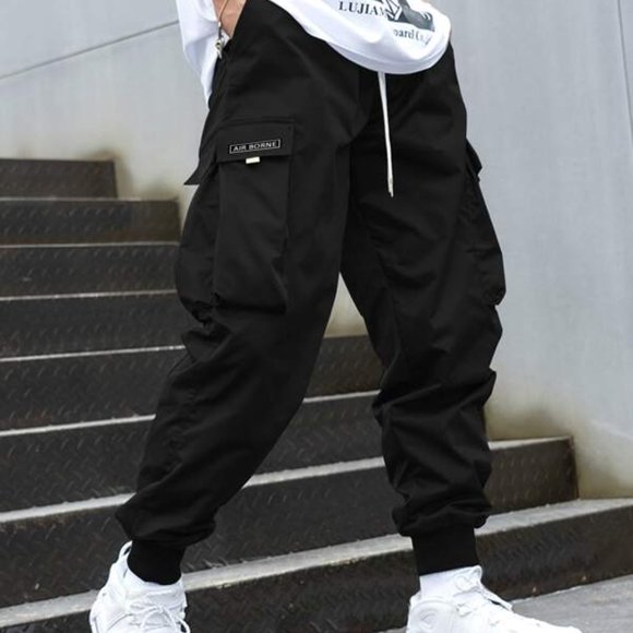 Mens Flap Pocket Drawstring Waist Cargo Pants blac - Picture 1 of 7